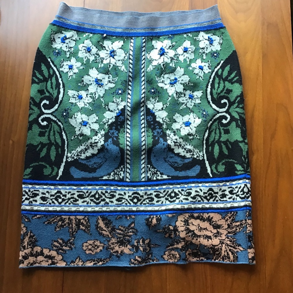 Anthropologie Green and Blue Floral Midi Skirt